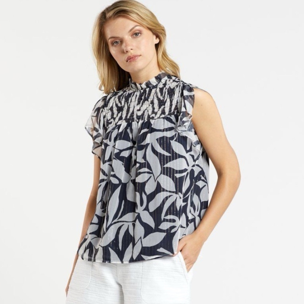 Marie Oliver Silk Sami Blouse Medium‎ top tropical floral metallic shimmer flowy